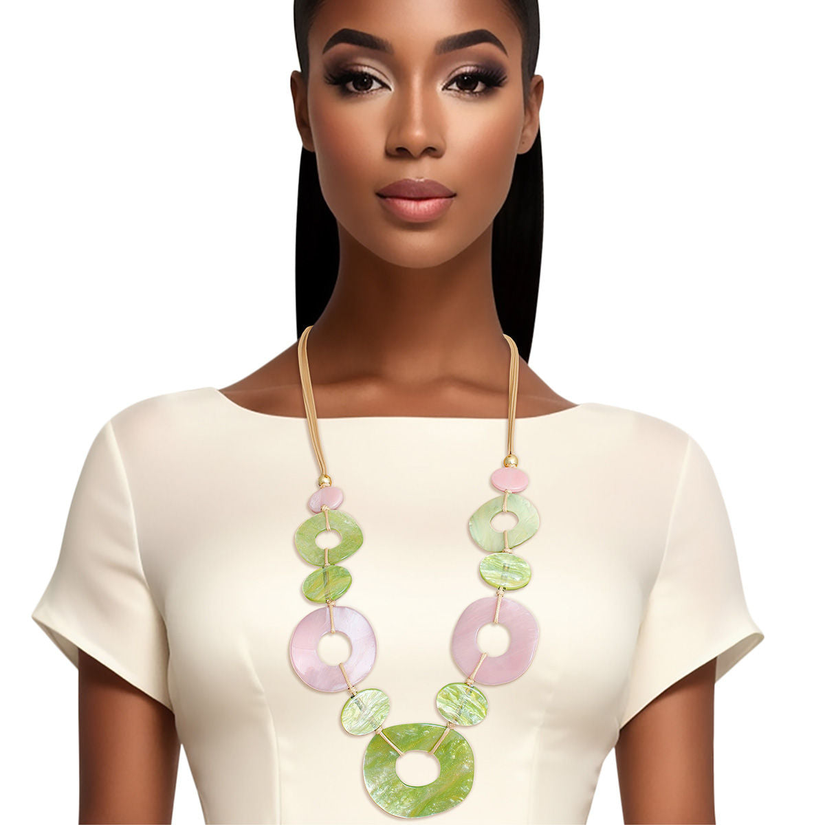 AKA Necklace Pink Green Ring Long Set for Women - Premium Wholesale Jewelry from Pinktown - Just $23! Shop now at chiquestyles
