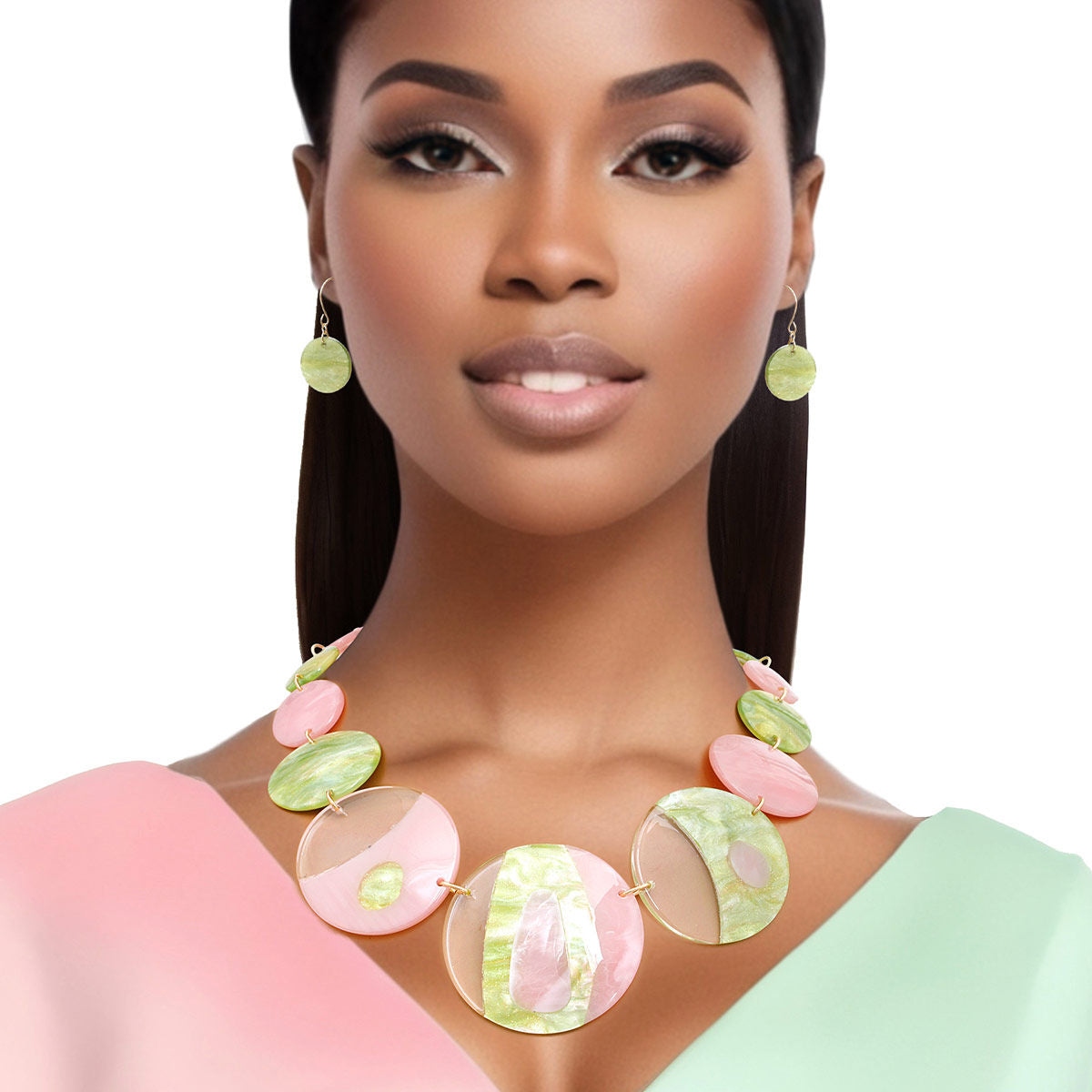 AKA Necklace Pink Green Disc Collar for Women - Premium Wholesale Jewelry from Pinktown - Just $22! Shop now at chiquestyles