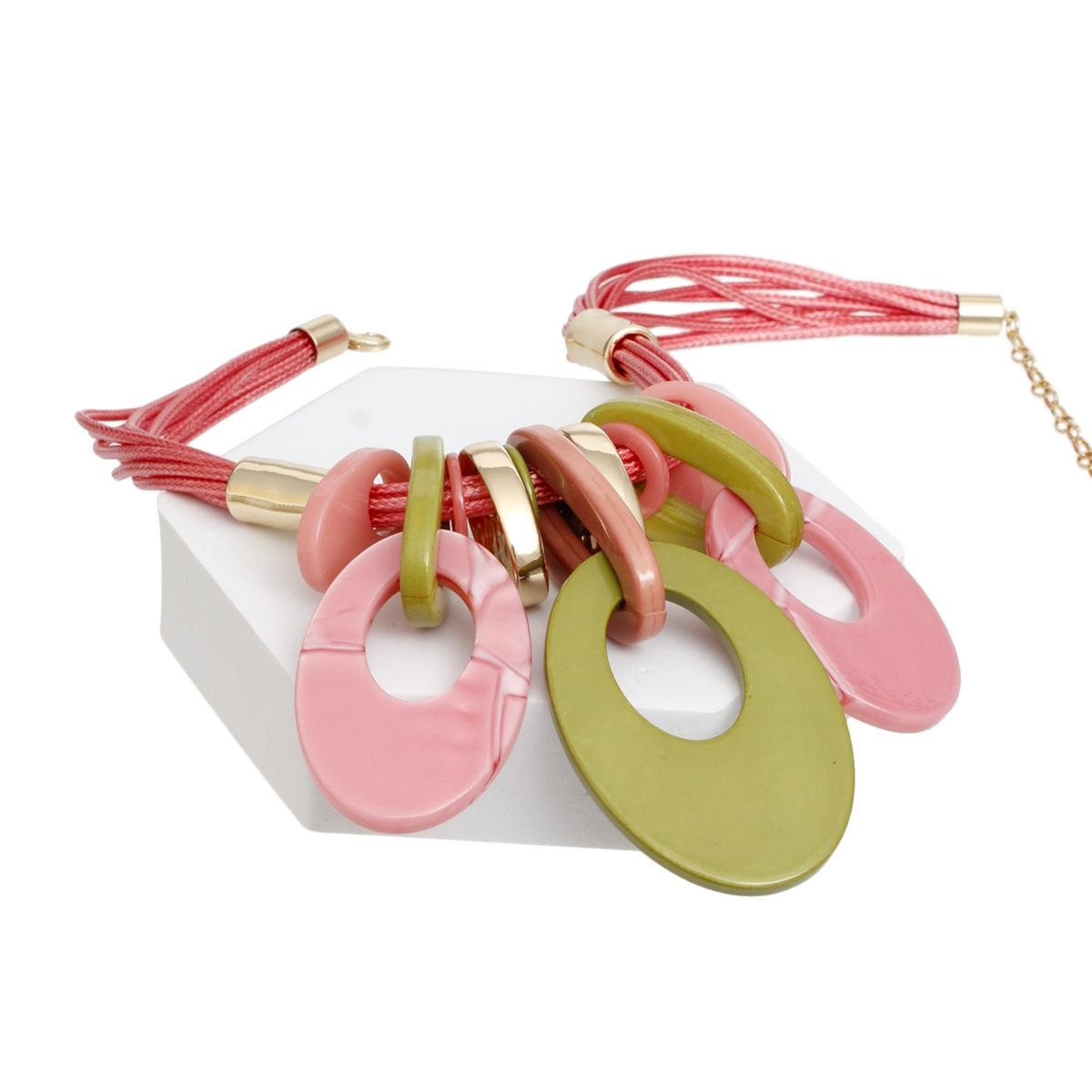 AKA Pink Cord Oval Disc Pendant Necklace Set