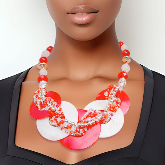 Red White DST Beaded Shell Disc Necklace Set