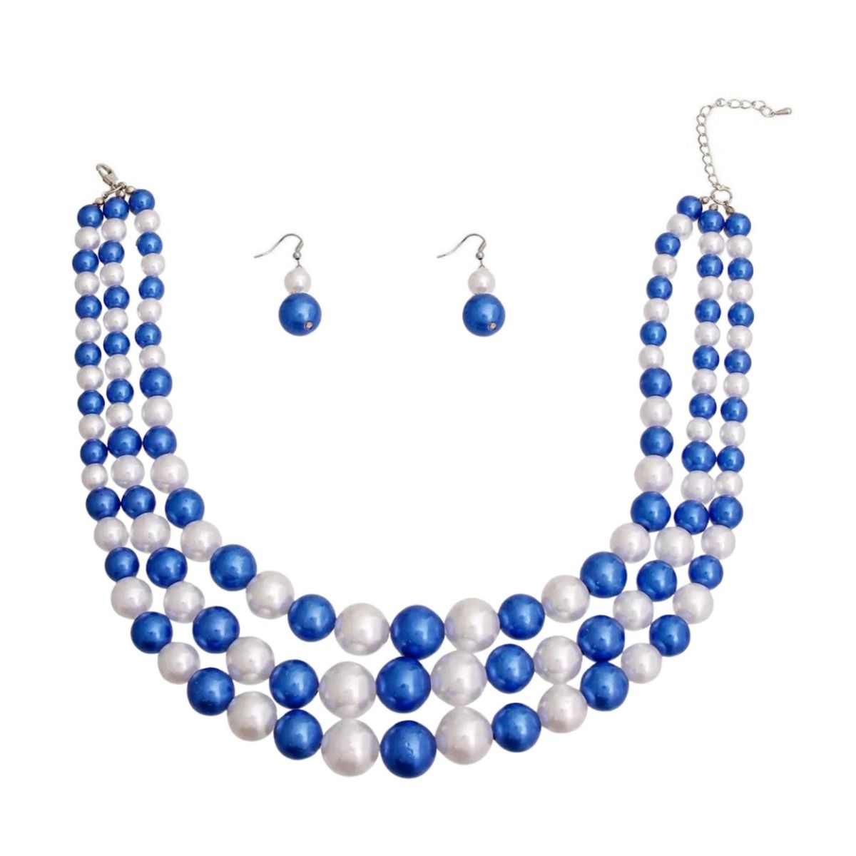 Blue and White Pearl 3 Layer ZPB Necklace Silver Set - Premium Wholesale Jewelry from Pinktown - Just $12! Shop now at chiquestyles
