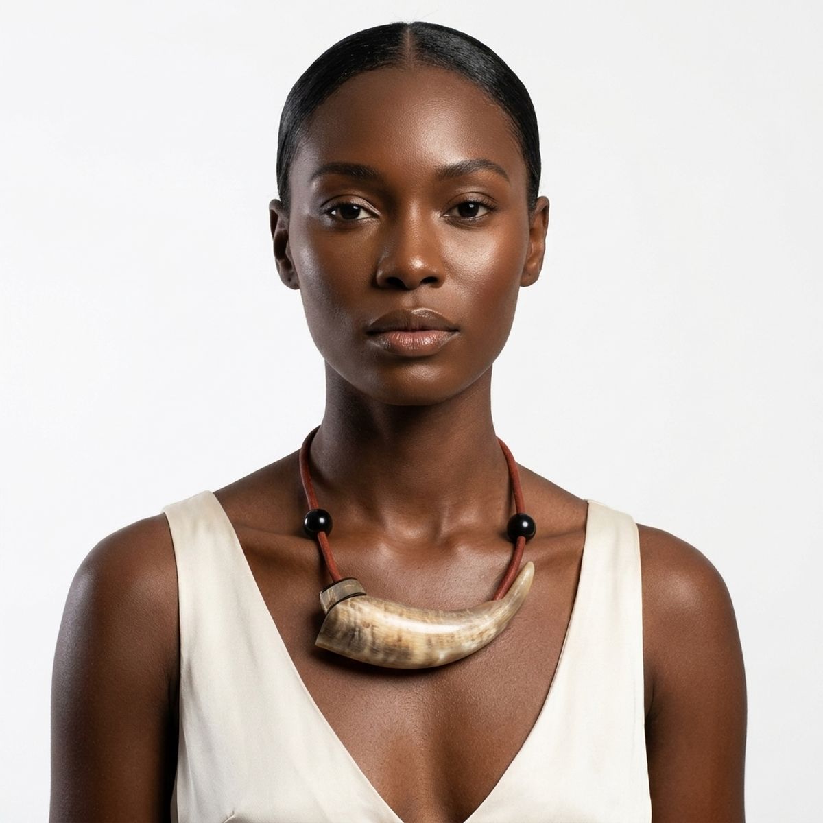 Red Leather Water Buffalo Horn Choker Necklace
