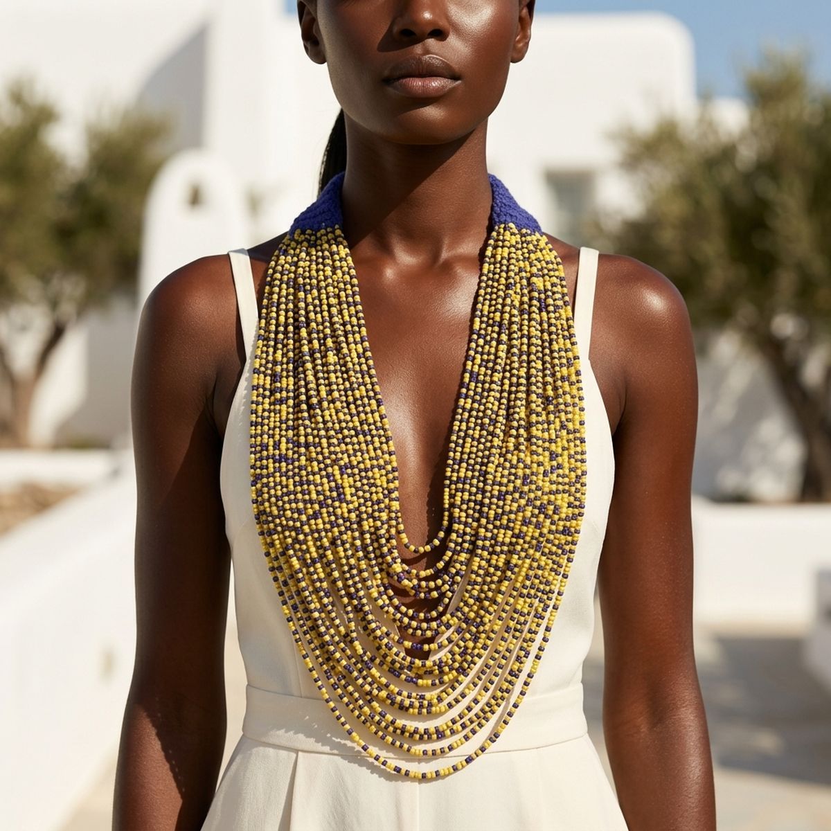 SGRHO Mixed Blue & Yellow 100 Strand Bead Necklace