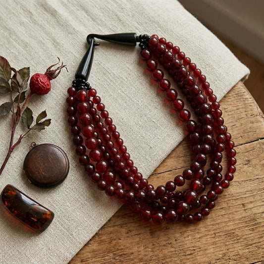 Wine Bead Buffalo Horn Hook Necklace