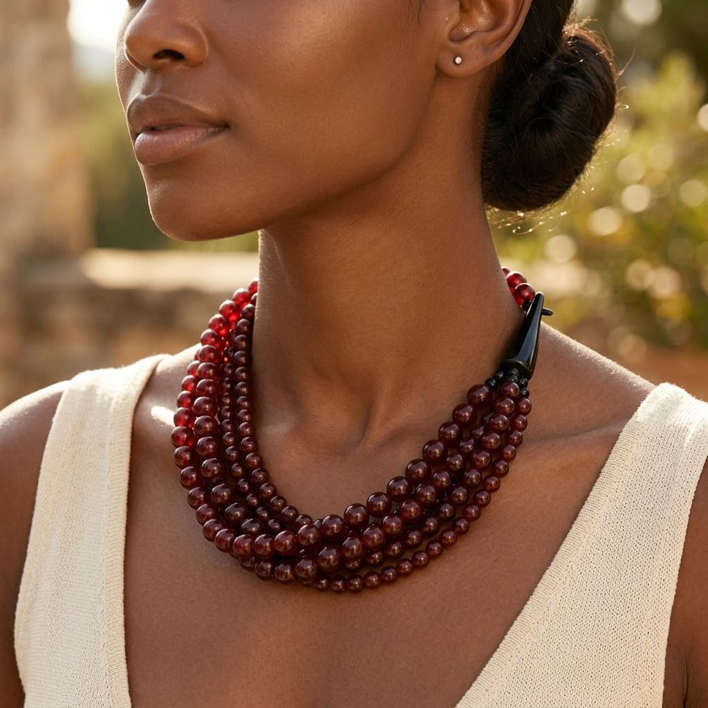 Wine Bead Buffalo Horn Hook Necklace