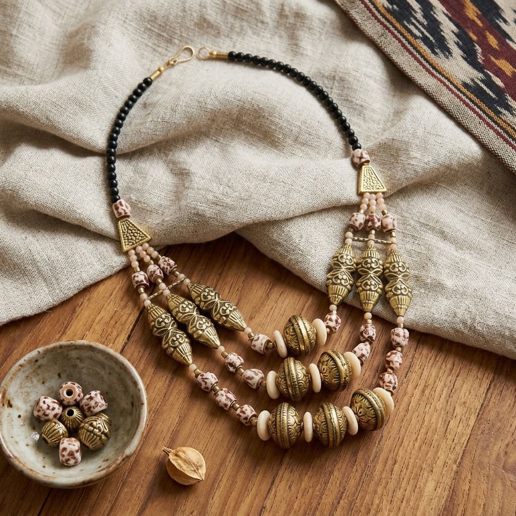 Cream Stone Engraved Gold Necklace