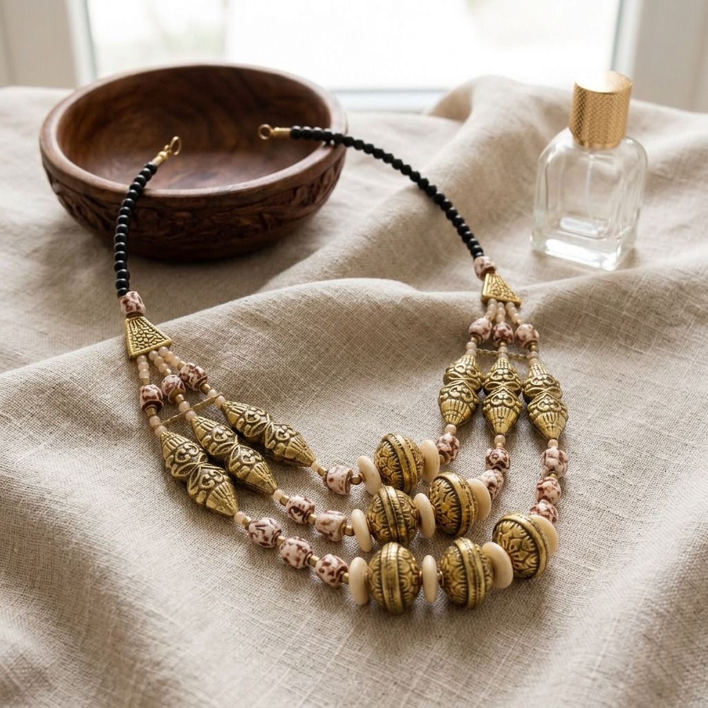 Cream Stone Engraved Gold Necklace