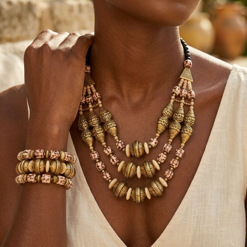 Cream Stone Engraved Gold Necklace