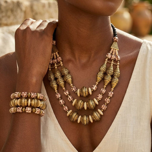 Cream Stone Engraved Gold Necklace
