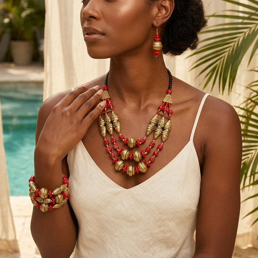 Red Stone Engraved Gold Necklace