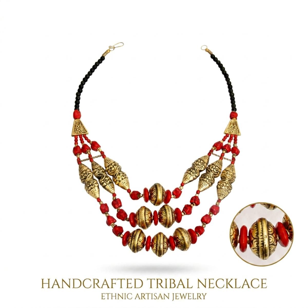 Red Stone Engraved Gold Necklace
