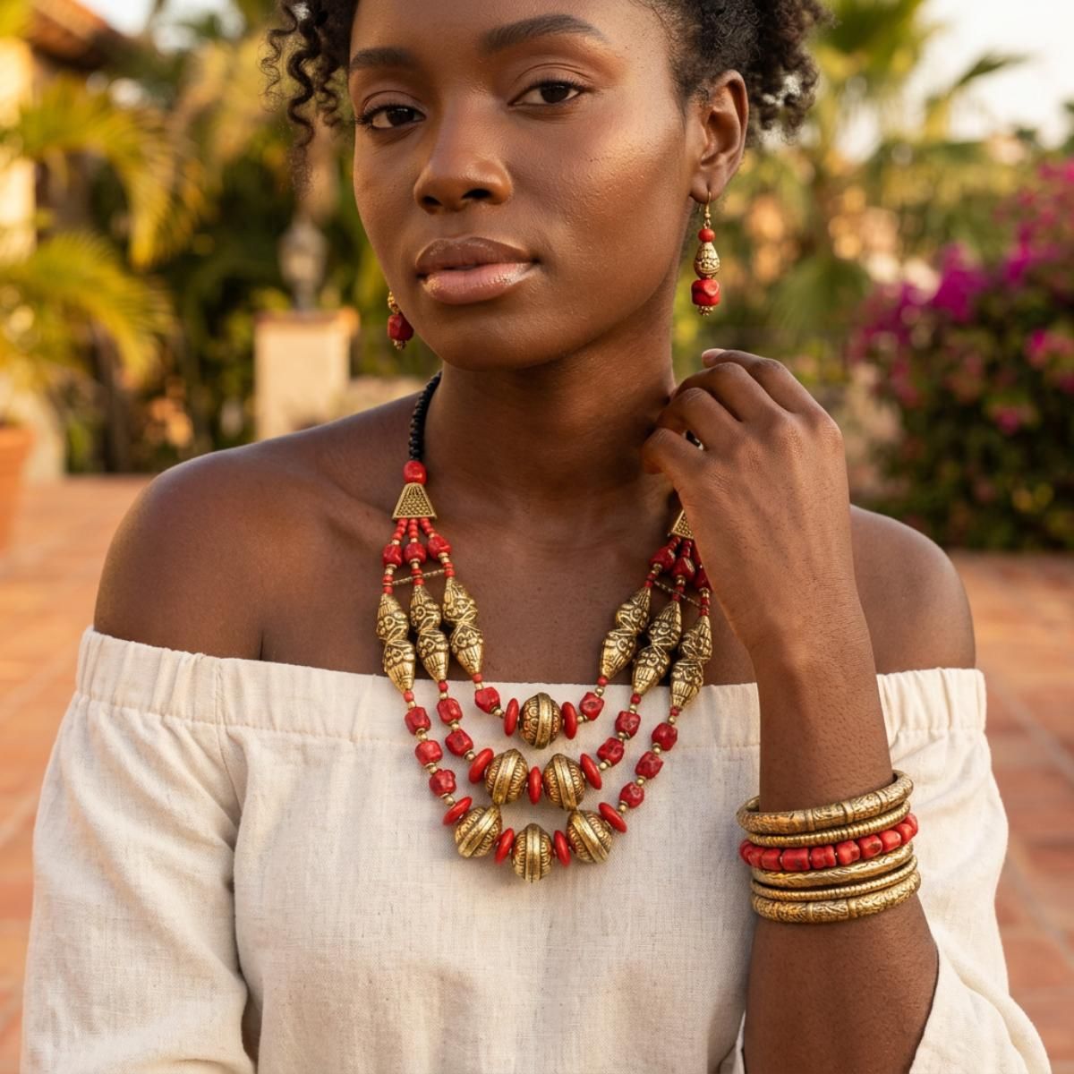 Red Stone Engraved Gold Necklace