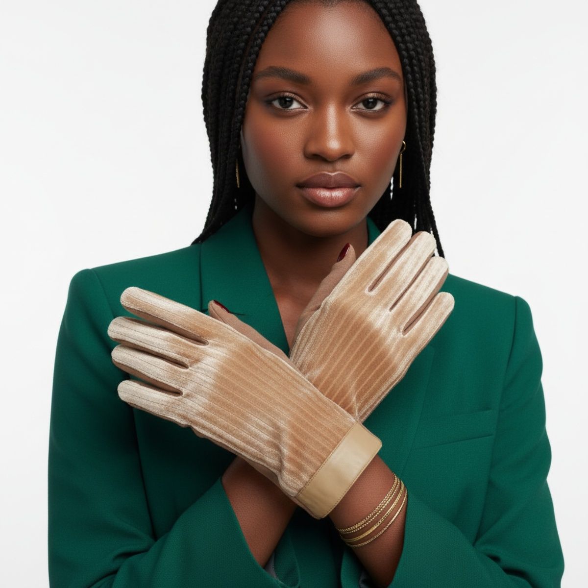 Beige Fur Stripe Leather Touchscreen Winter Gloves