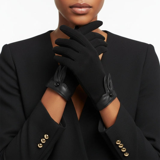 Black Rabbit Ear Leather Touchscreen Winter Gloves