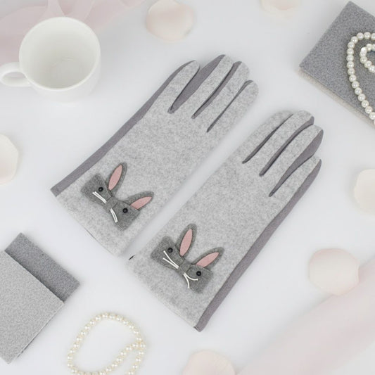 Gray Woolen Cute Rabbit Touchscreen Winter Gloves