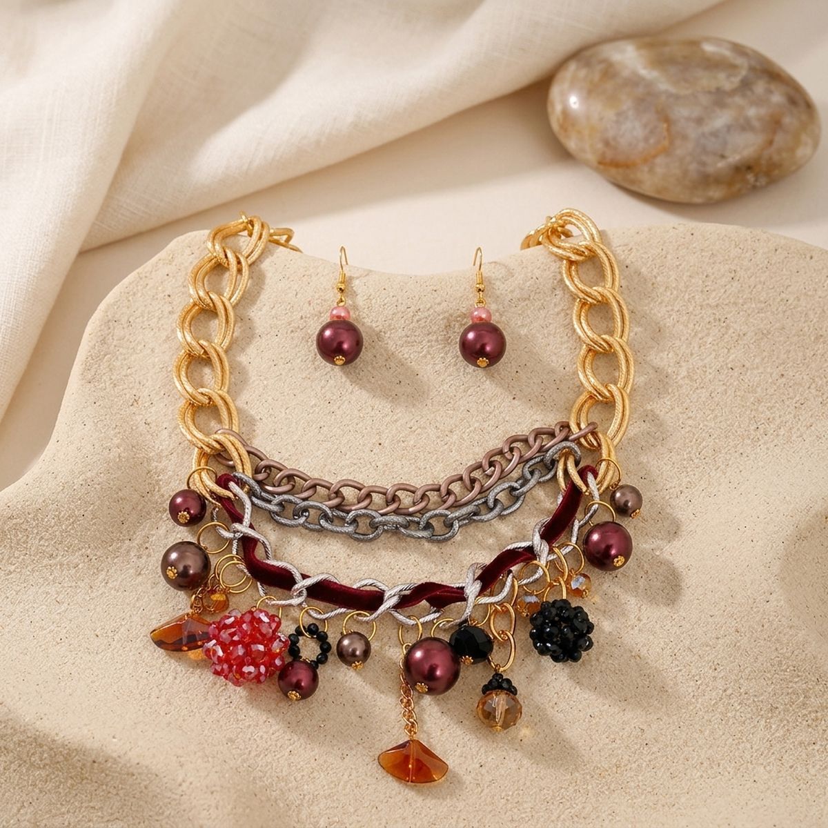 Red Charm Layered Chain Necklace