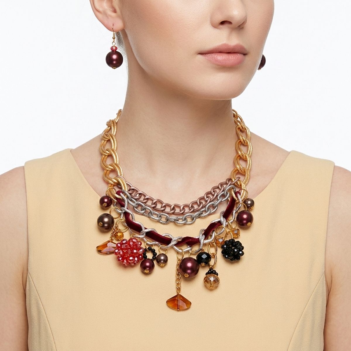 Red Charm Layered Chain Necklace