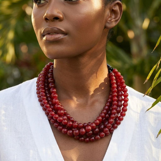Burgundy Bead Buffalo Horn Hook Necklace