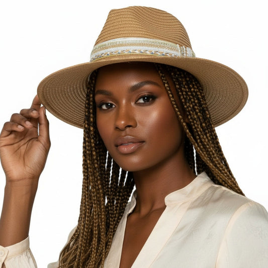 Camel Pearl Embellished Fedora Panama Hat