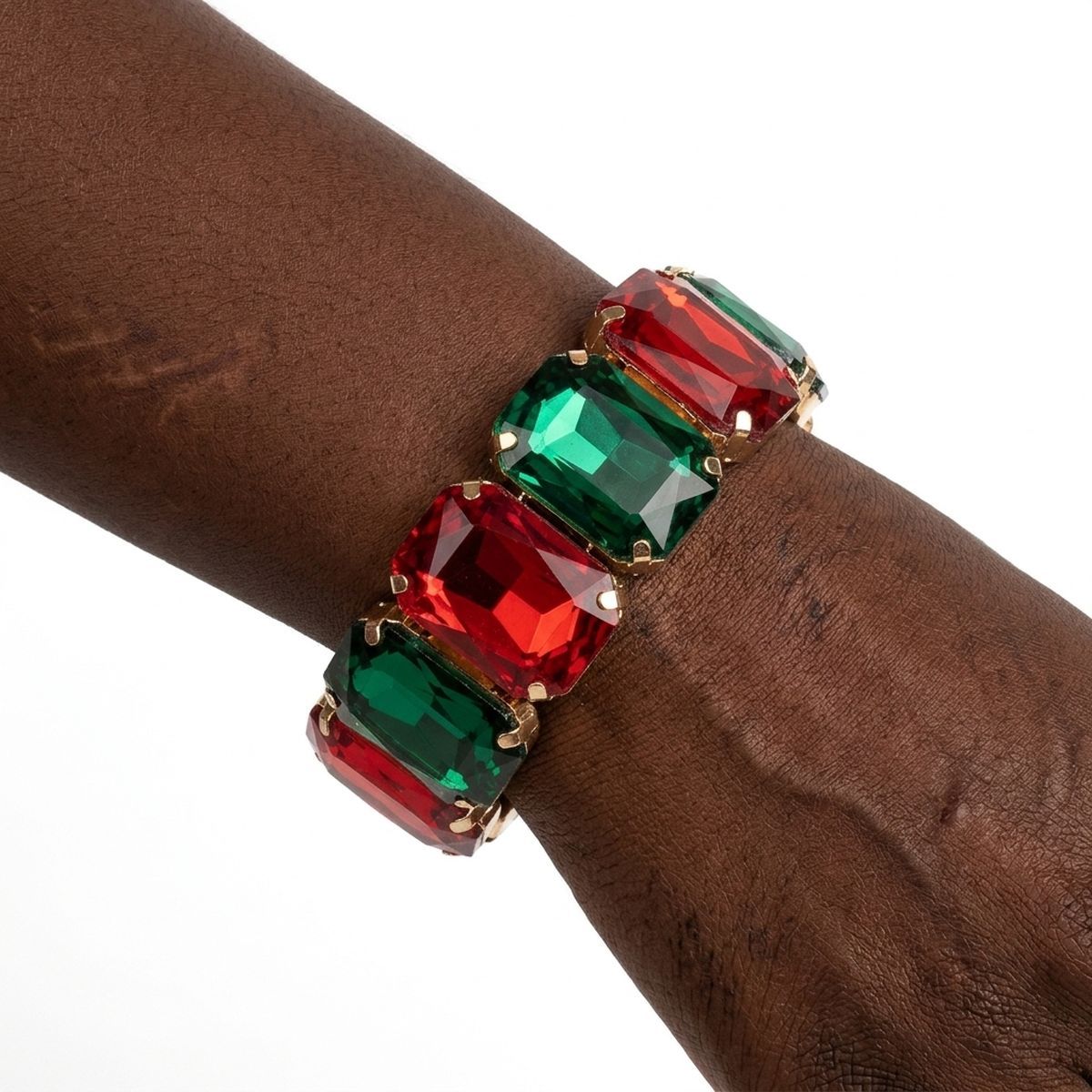 Holiday Red Green Glass Crystal Stretch Bracelet