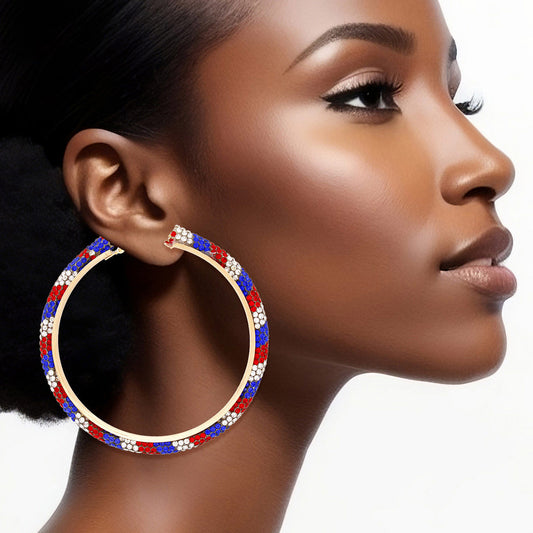 Hoop Red White Blue Tube Rhinestone 3" Earrings - Premium Wholesale Jewelry from Pinktown - Just $8! Shop now at chiquestyles