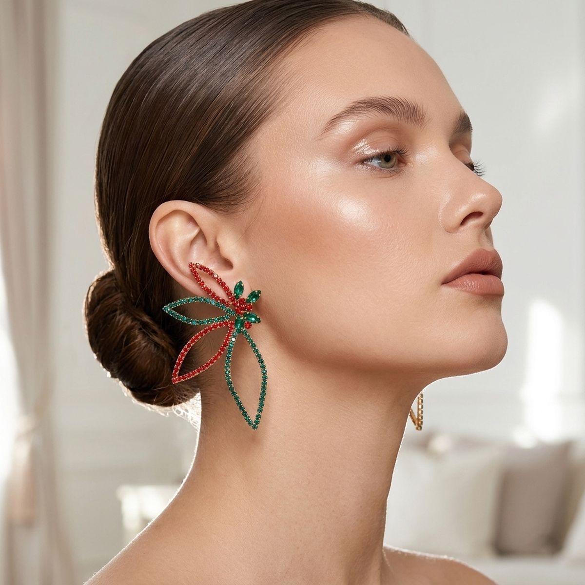 Holiday Red Green Crystal Flower Post Earrings