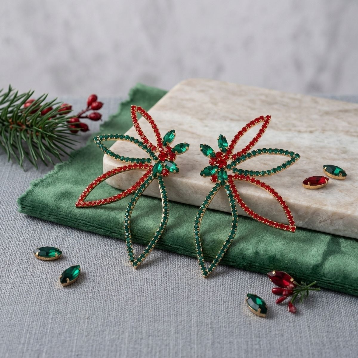 Holiday Red Green Crystal Flower Post Earrings