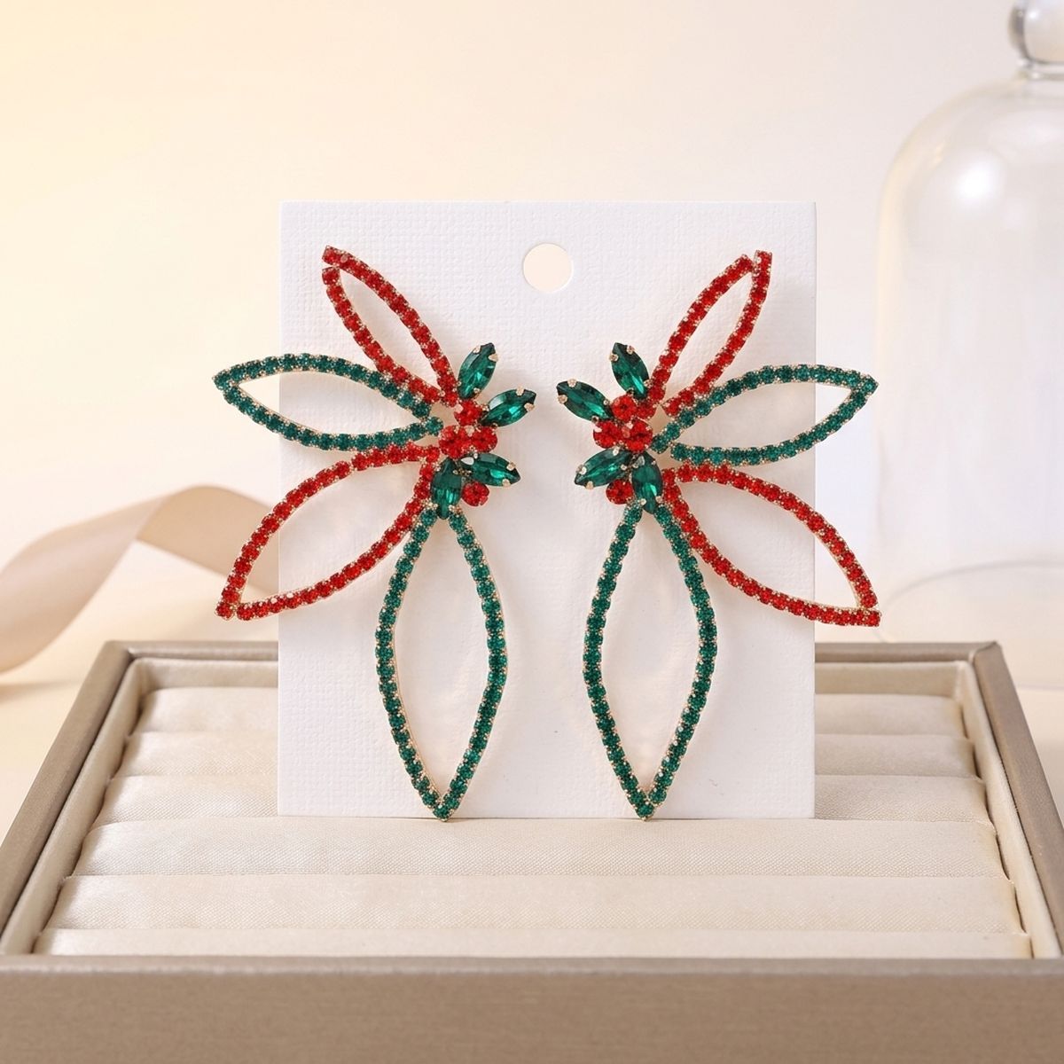 Holiday Red Green Crystal Flower Post Earrings