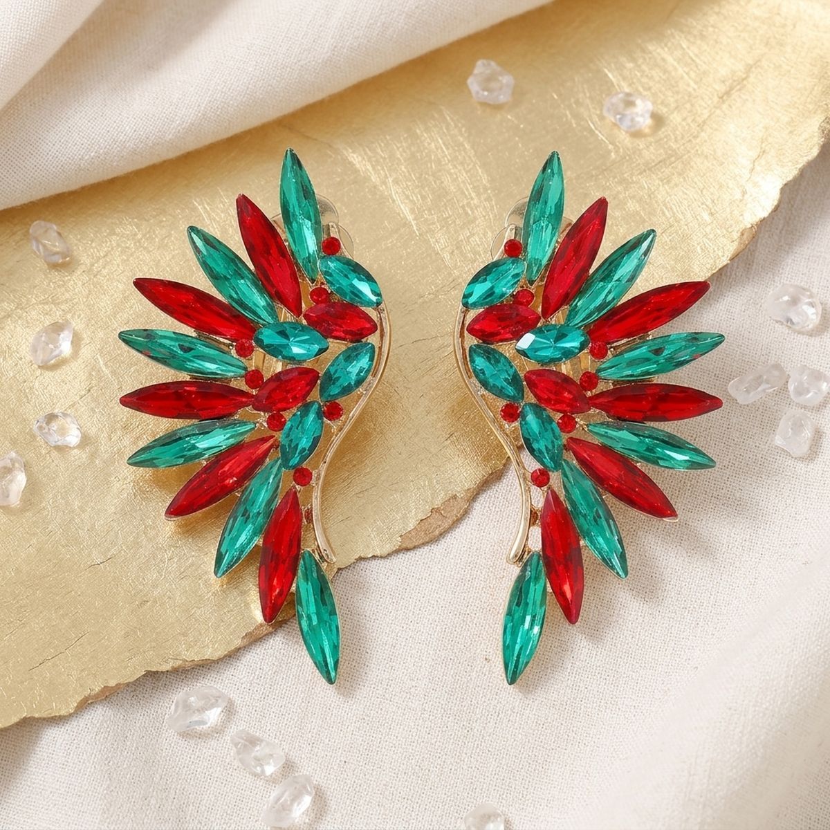 Holiday Red Green Crystal Wing Clip On Earrings