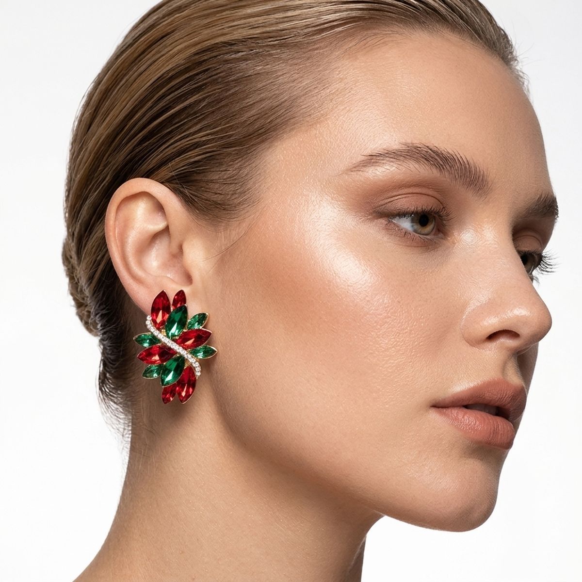 Holiday Red Green Crystal Cluster Clip On Earrings