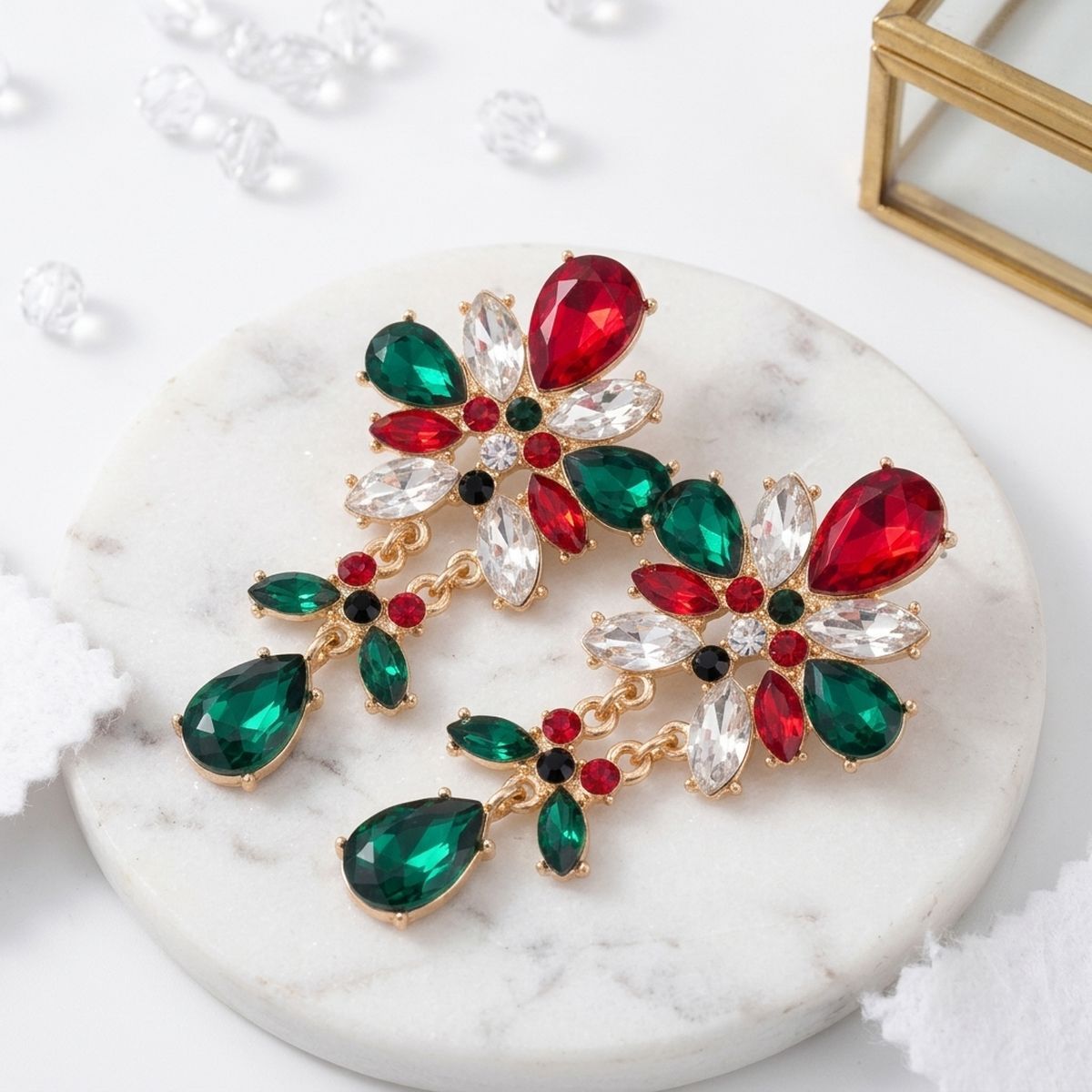 Holiday Red Green Crystal Chandelier Earrings