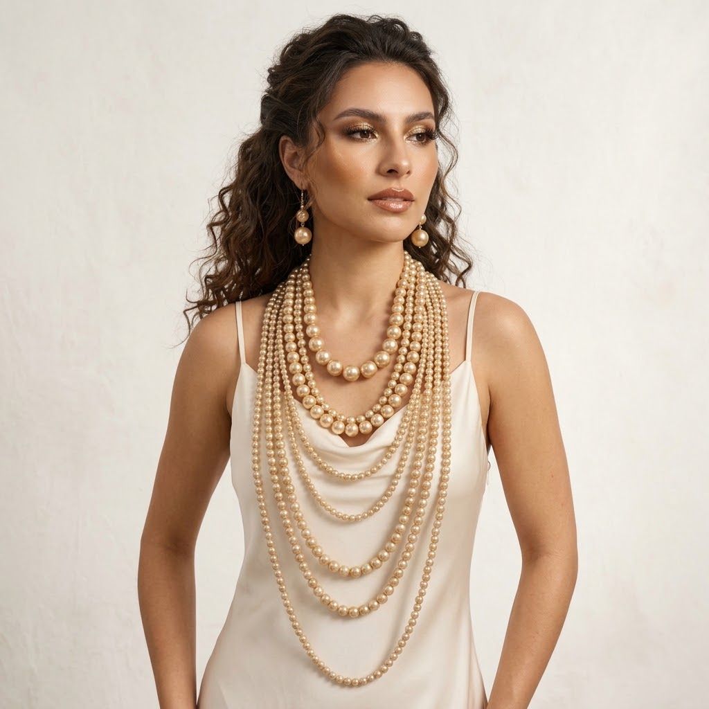 Golden Champagne Multi Strand Long Pearl Necklace
