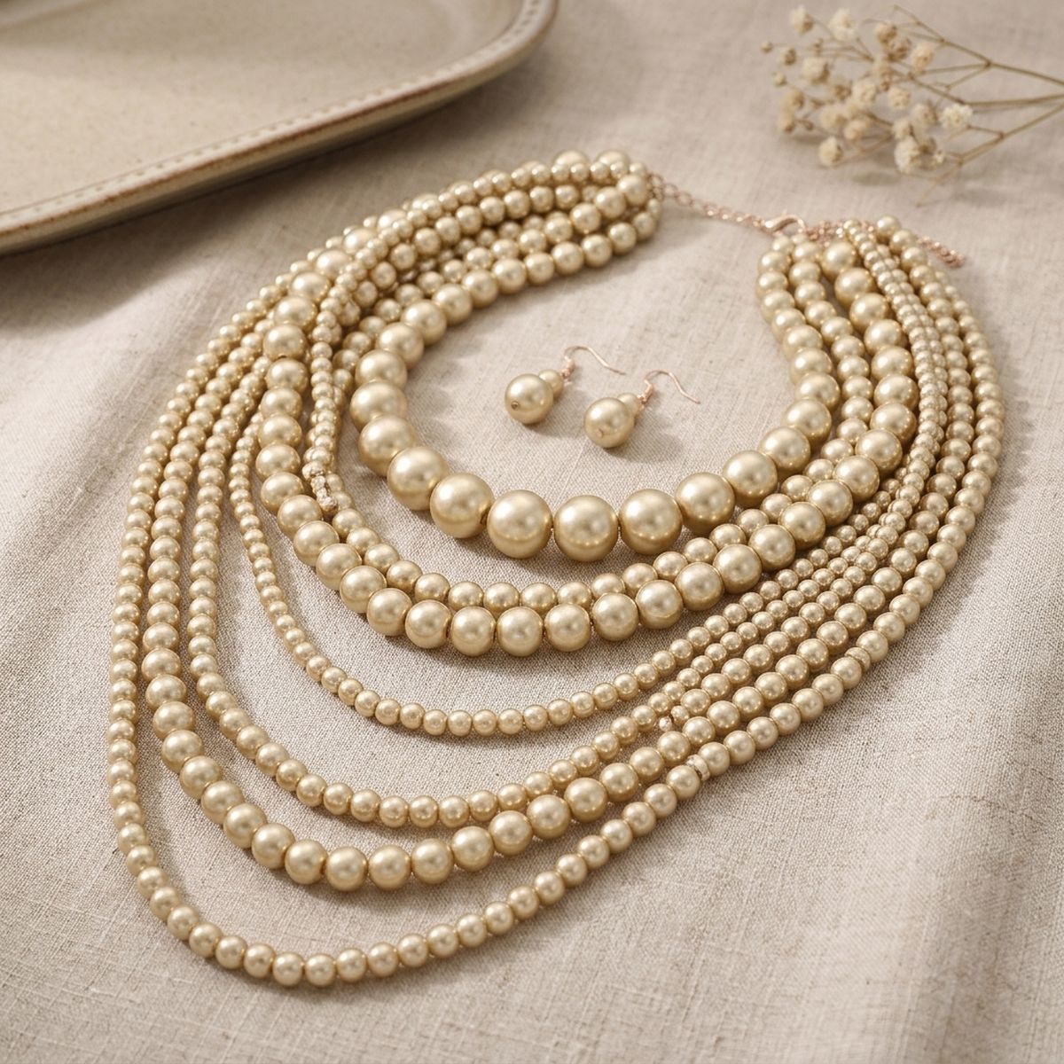 Golden Champagne Multi Strand Long Pearl Necklace