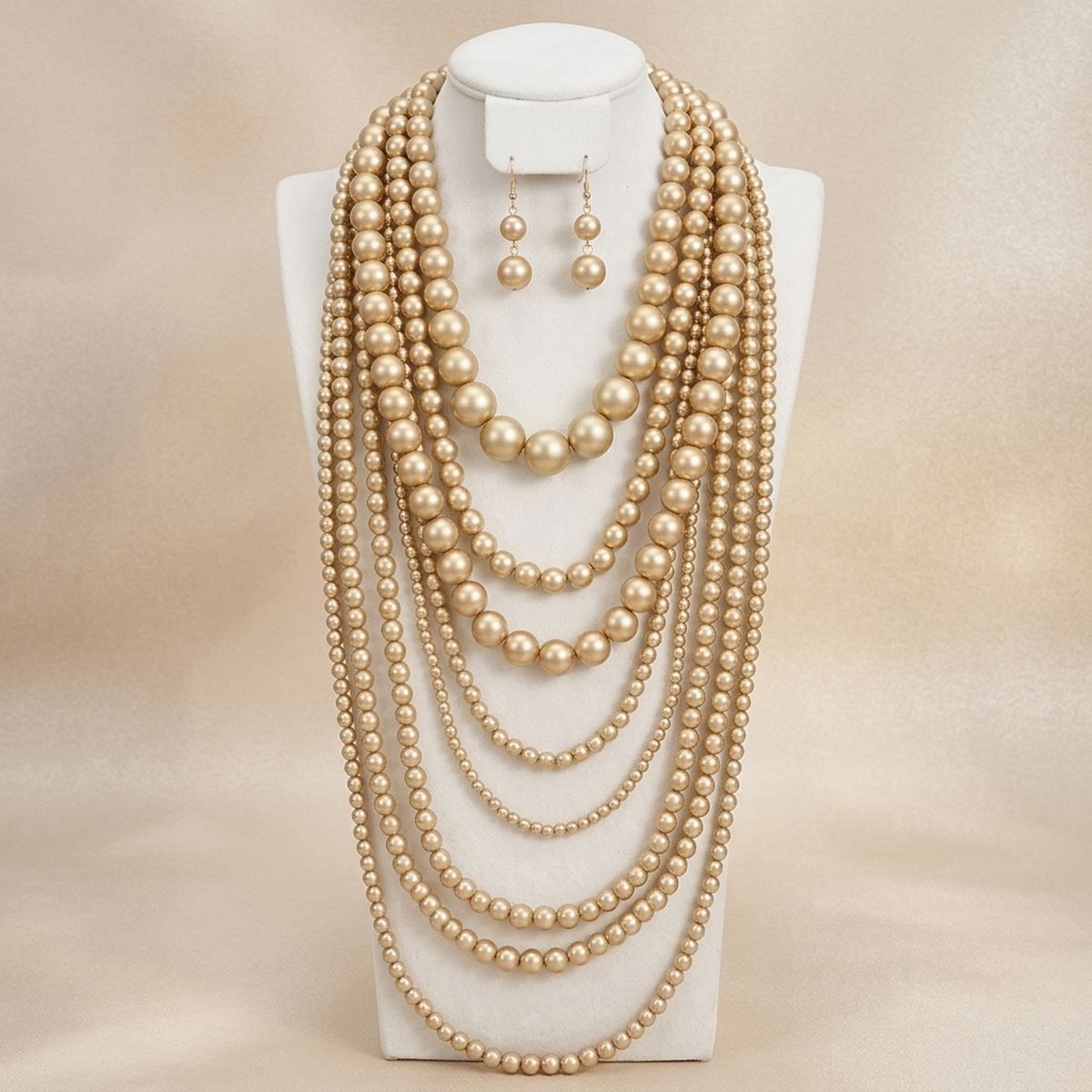 Golden Champagne Multi Strand Long Pearl Necklace