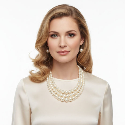 Luxurious Layers: Cream Pearl 3-Strand Gold Layered Necklace Set
