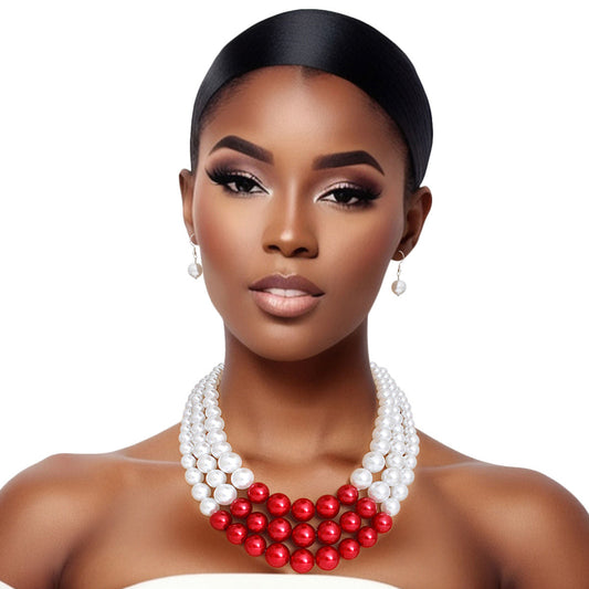 Pearl DST Necklace White Red 3 Layer Set - Premium Wholesale Jewelry from Pinktown - Just $13! Shop now at chiquestyles