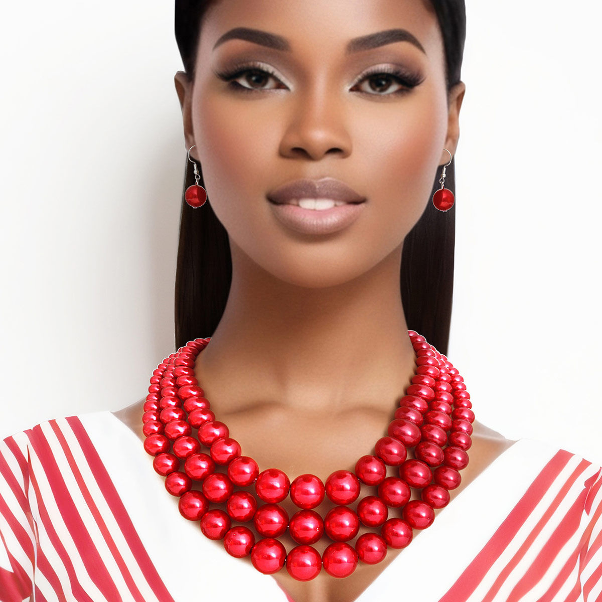 Pearl Necklace Red 3 Layer Set for Women - Premium Wholesale Jewelry from Pinktown - Just $13! Shop now at chiquestyles