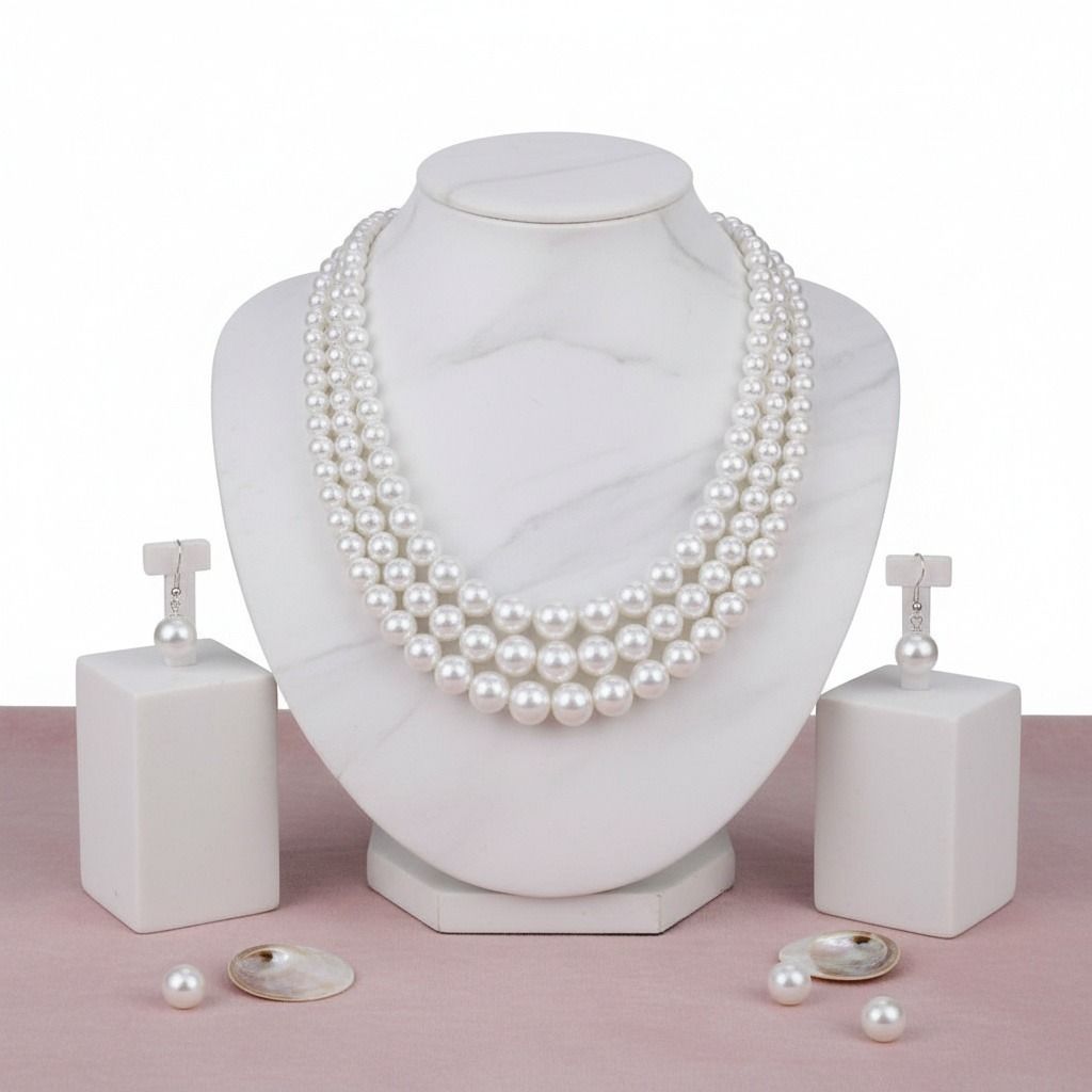 White Pearl 3-Strand Rhodium-Plated Necklace Set
