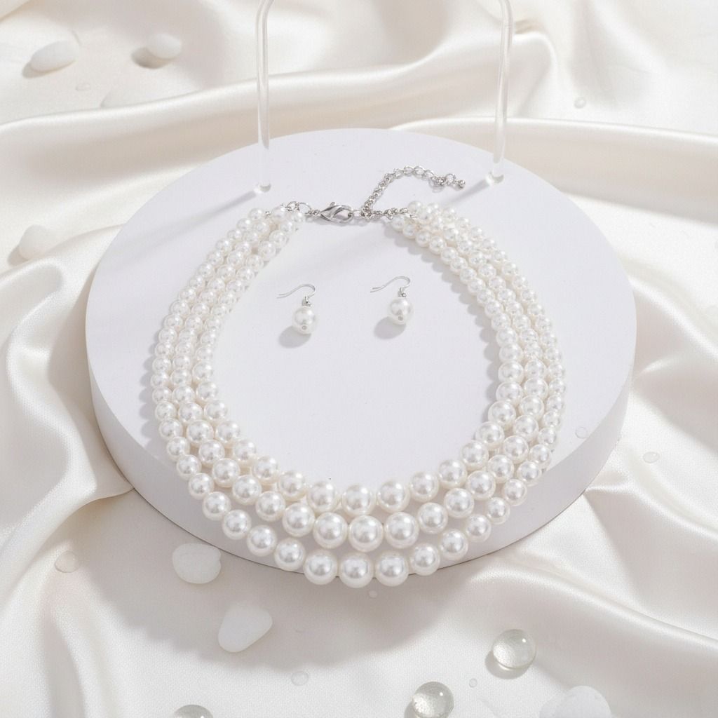 White Pearl 3-Strand Rhodium-Plated Necklace Set