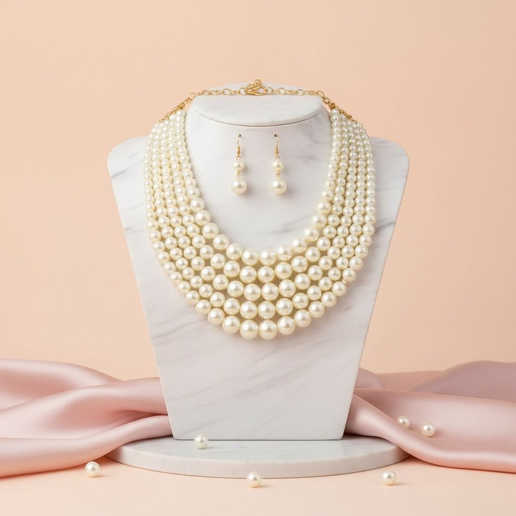 Cream Pearl Multi Strand Necklace Set