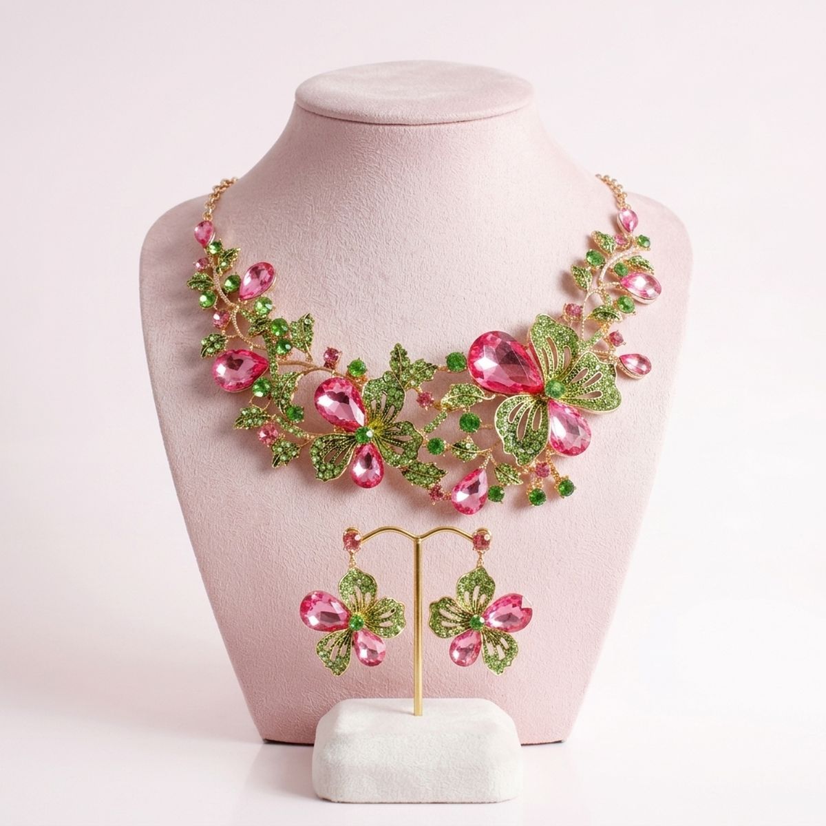 AKA Pink Green Glass Crystal Leaf Collar Necklace