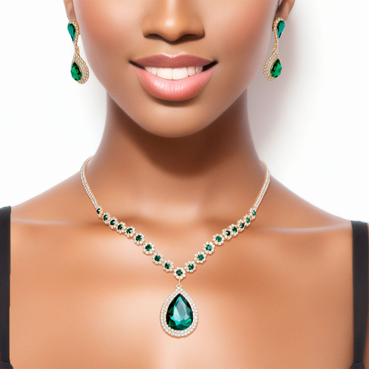 Formal Necklace Green Teardrop Bling Set for Women - Premium Wholesale Jewelry from Pinktown - Just $23! Shop now at chiquestyles