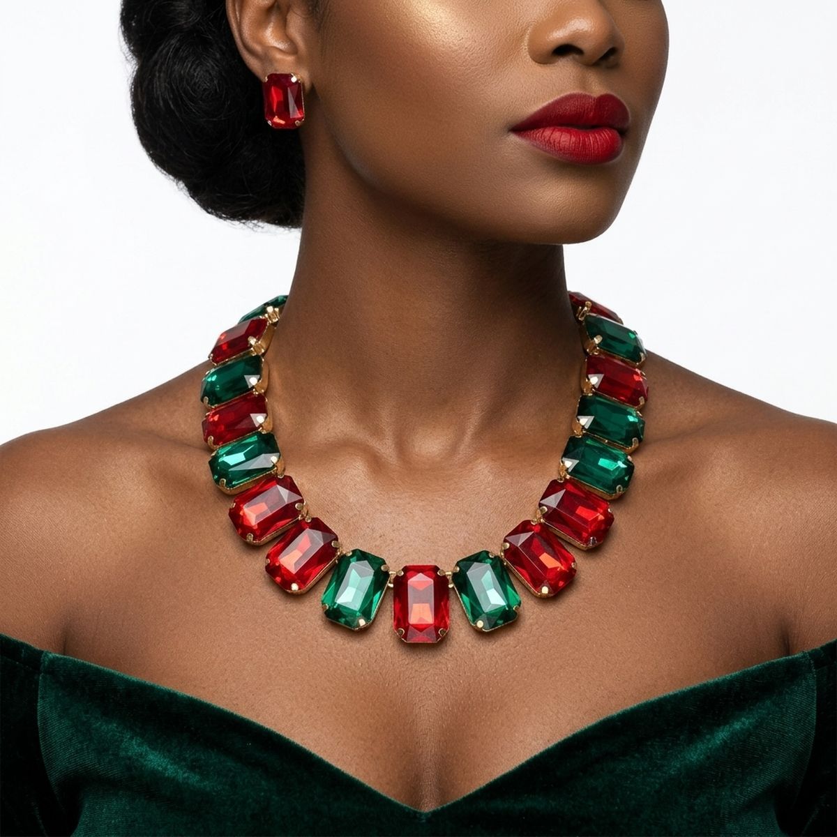 Holiday Red Green Glass Crystal Necklace Set