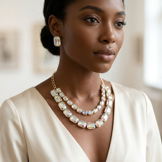 Aurbo Emerald Cut Crystal 2 Row Necklace Set