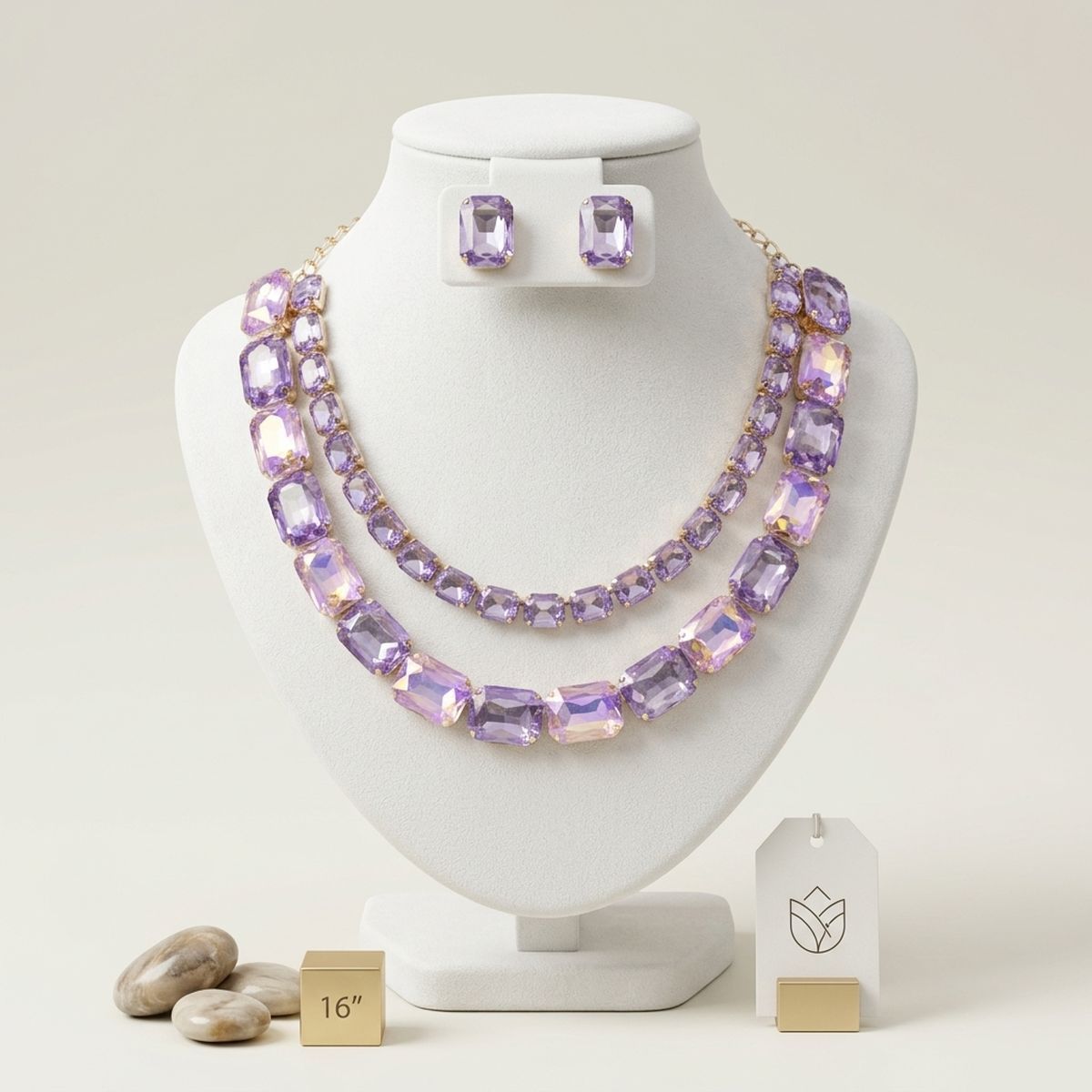 Lavender Emerald Cut Crystal 2 Row Necklace Set