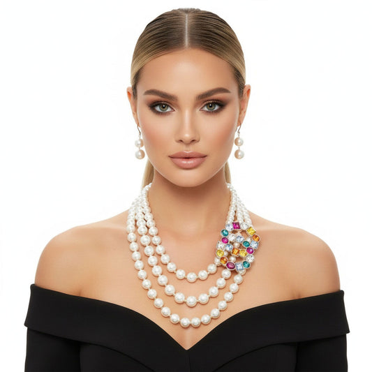 Infinite Elegance: Multi-Color Infinity Ring 3-Layer Pearl Necklace Set