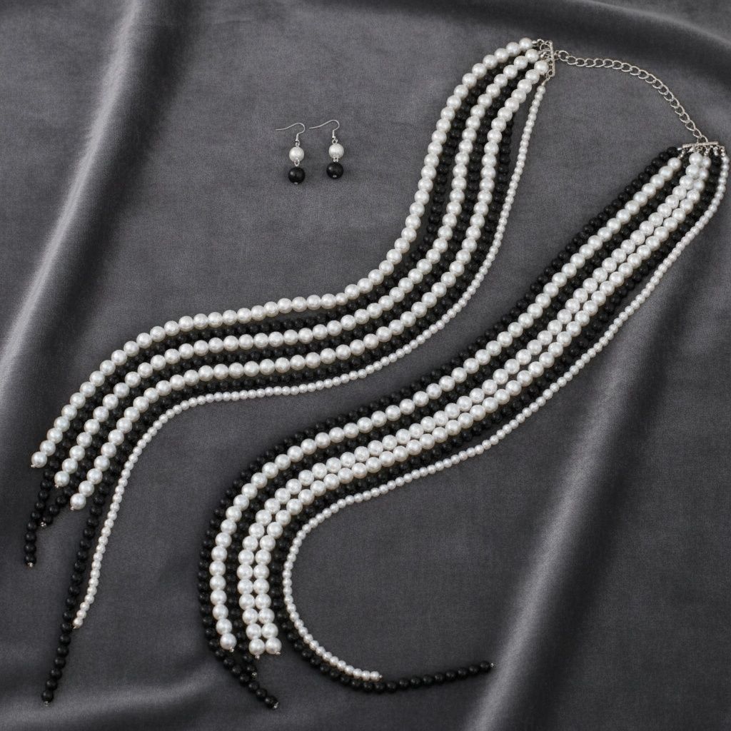 Long Black White Pearl Adjustable Knot Necklace