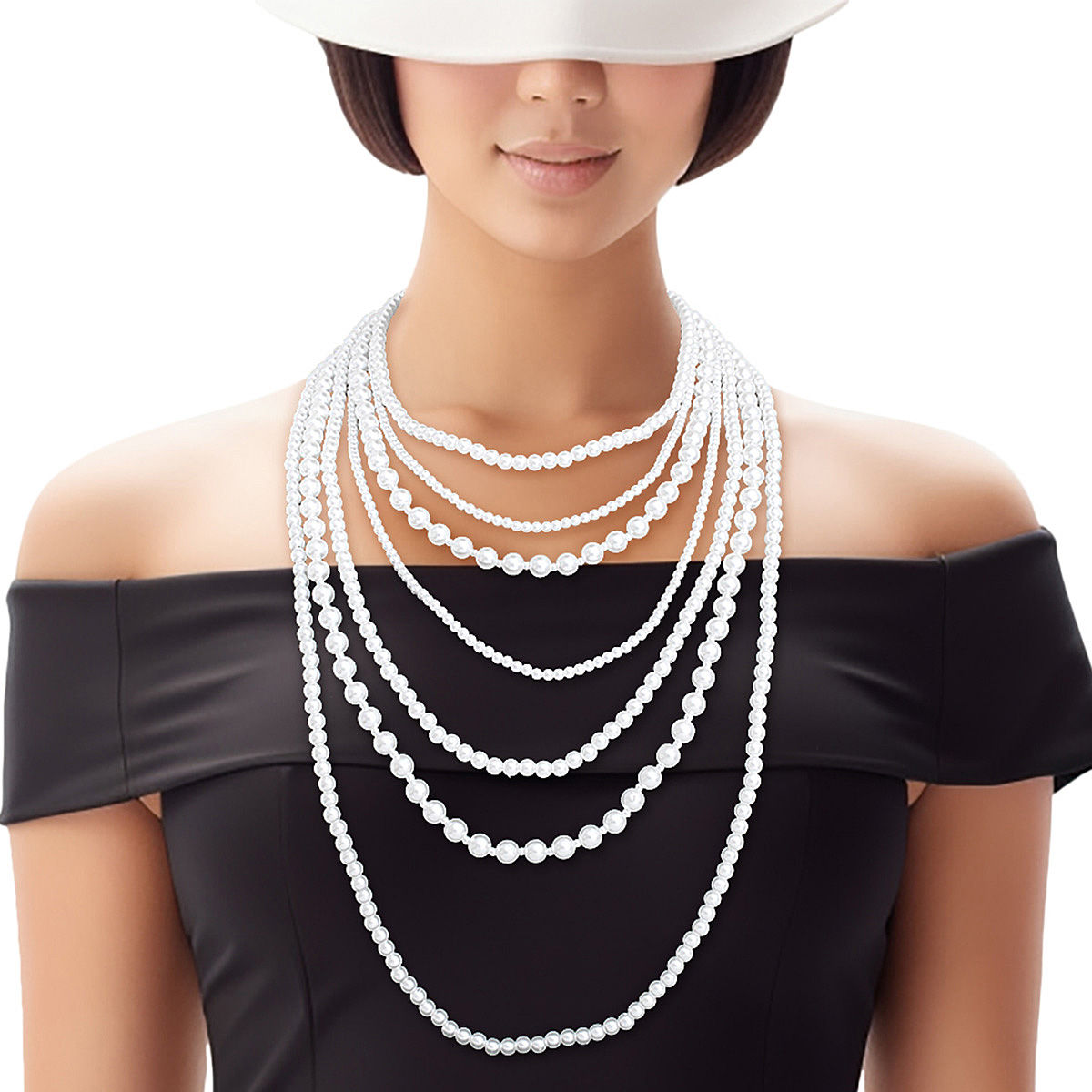 Pearl Necklace White 7 Strand Long Set for Women - Premium Wholesale Jewelry from Pinktown - Just $22! Shop now at chiquestyles