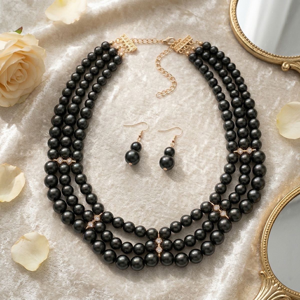 Triple-Strand Black Pearl Necklace Set