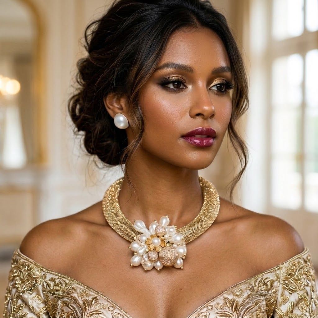 Cream Pearl Gold Metal Mesh Collar Necklace